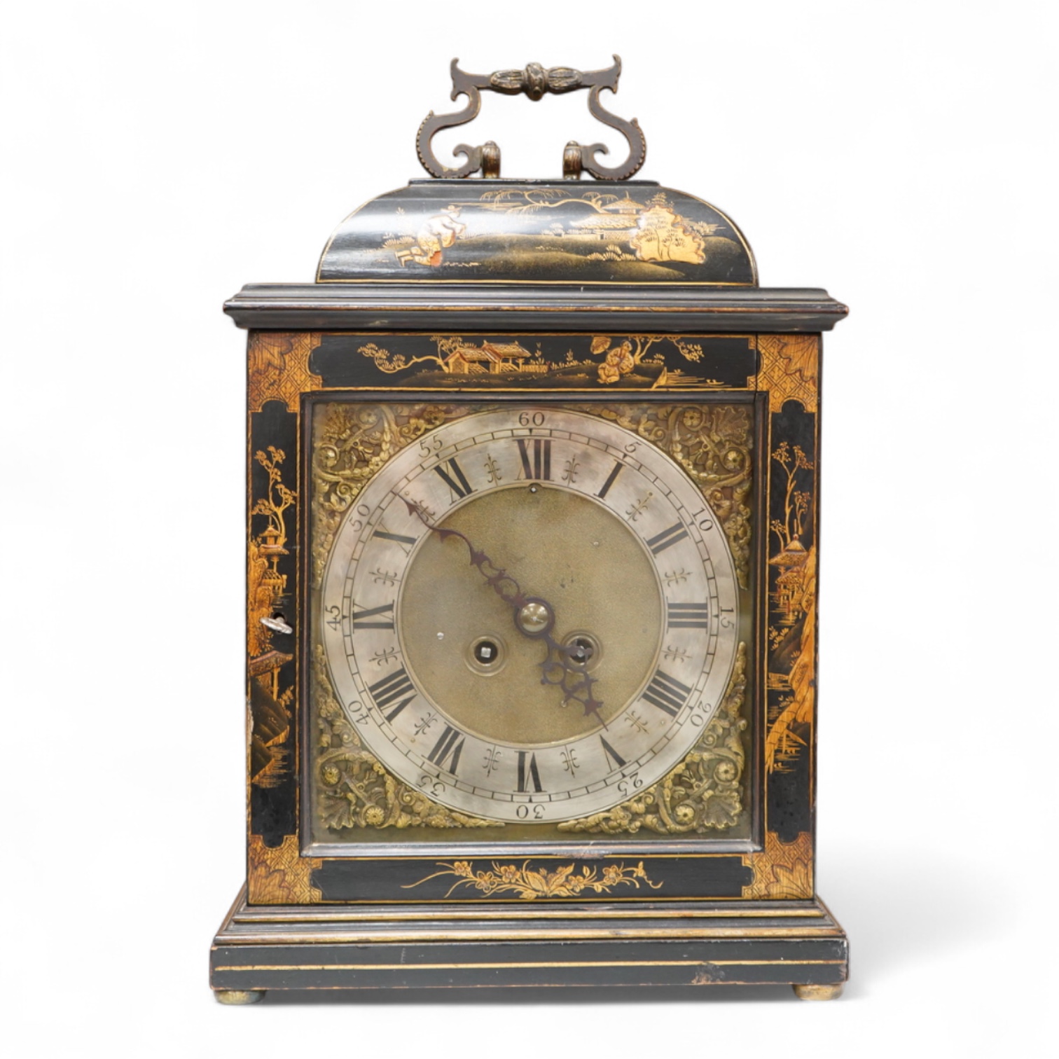 An early 20th century chinoiserie japanned mantel clock with keys and pendulum, 39cm high